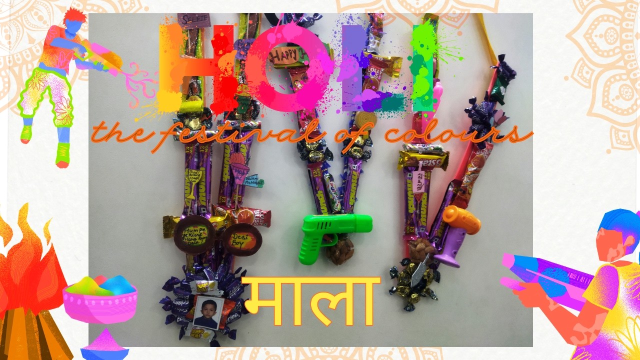 Holi Garland for kids | DIY Holi Card easy Handmade Holi Haar  | DIY Chocolate and toffee Garland