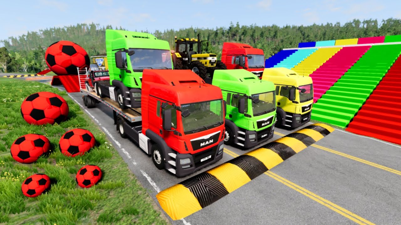 Triple Flatbed Trailer McQueen Transportation with Truck - Speedbumps vs Cars vs Train - BeamNG #001