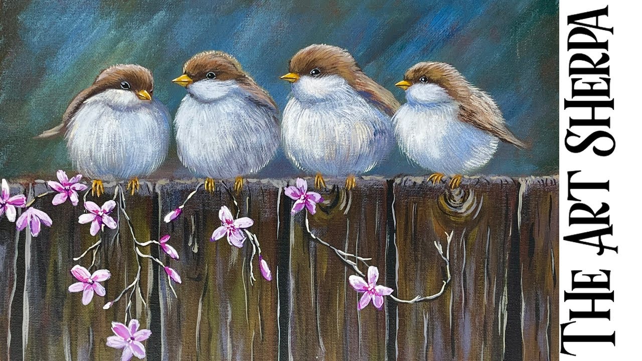 Flock of Birds Friends on a floral wood fence 🎨 tutorial acrylics for beginners: Paint Night at Home