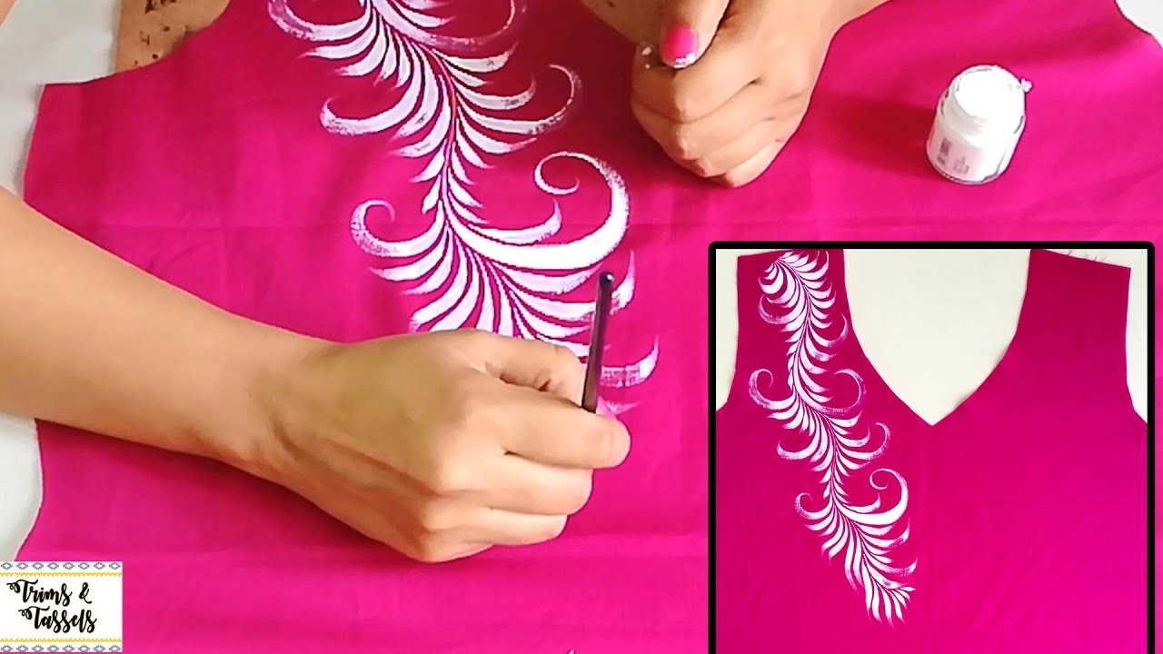 One Stroke Leaves Design on Magenta Colored Kurti / Suit  | How to use Round Brush on Fabric