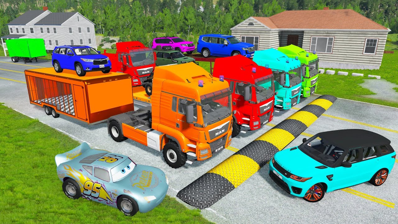 Flatbed Truck McQueen | Transportation with Truck - Pothole vs Car #111| BeamNG.Drive Gameplay