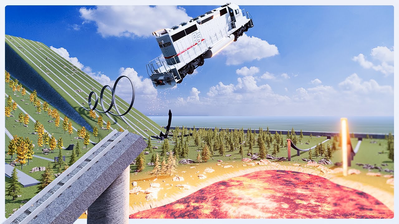 Jumping a Train Over a Lava Lake - BeamNG Drive