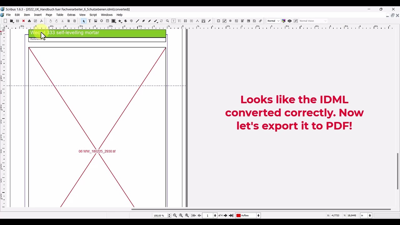 Scribus installation, opening IDML, exporting PDF