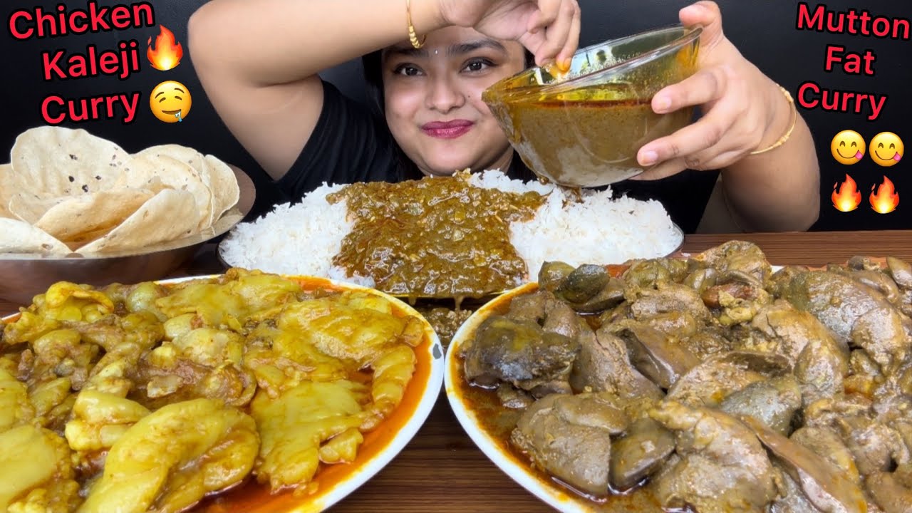 SPICY MUTTON FAT CURRY AND SPICY CHICKEN LIVER CURRY WITH BASMATI RICE, PAPAD | INDIAN EATING SHOW