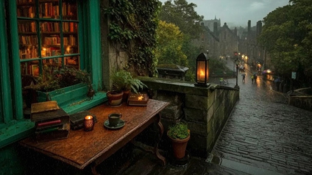 Rainy Bookshop Window Overlooking the City | Dark Academia Study Ambience (3 Hours)
