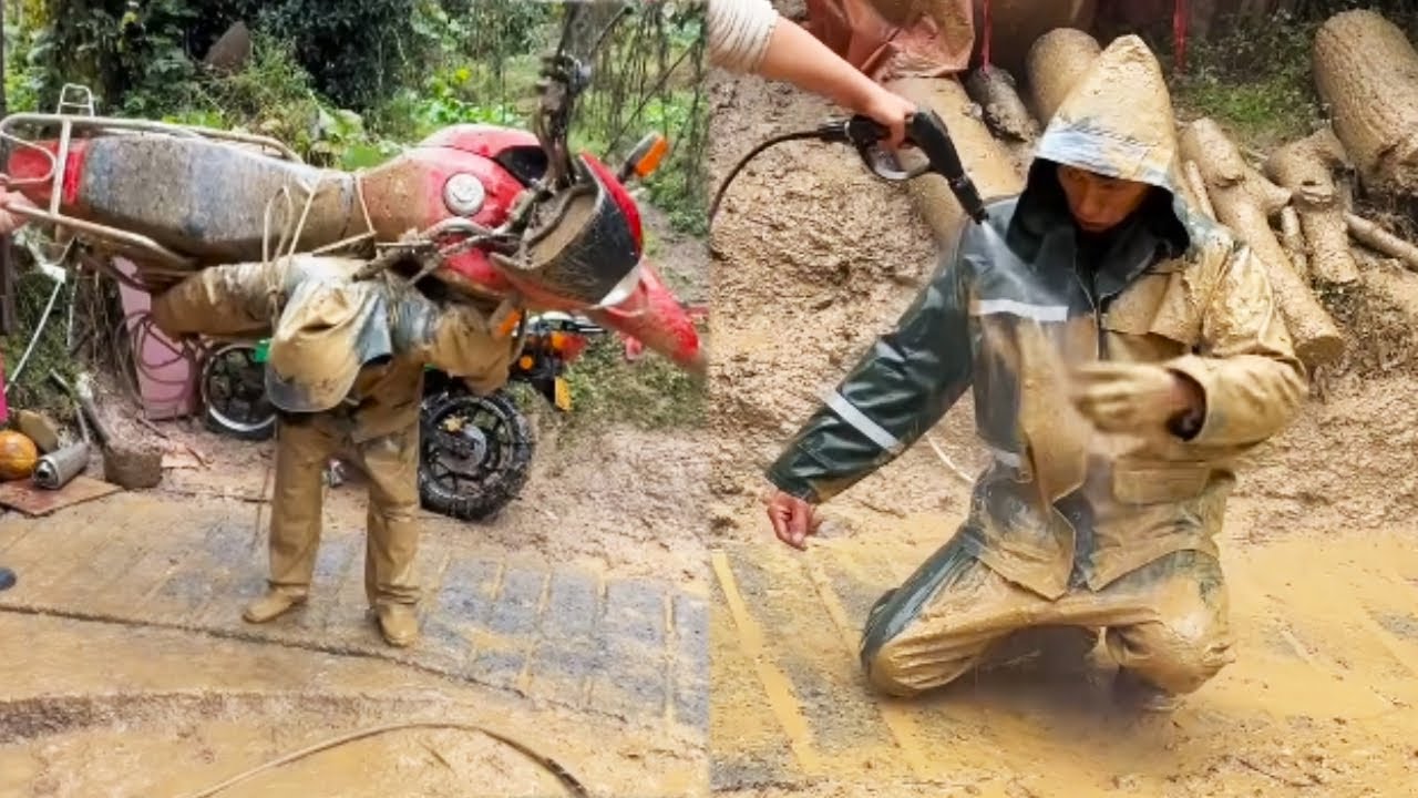 An Astonishing Scene! A Man Carrying His Beloved Motorcycle, Covered In Mud #help #adventure #funny