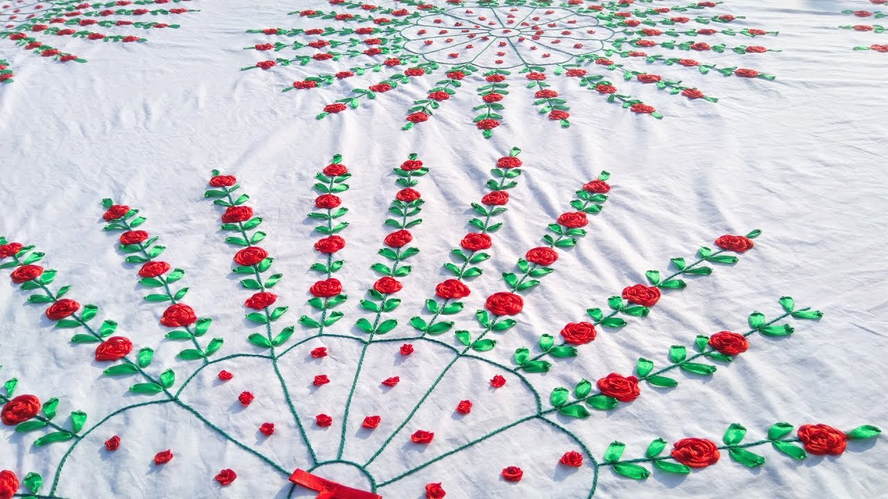 Ribbon Work Rose Flower Full Bedsheet Design.
