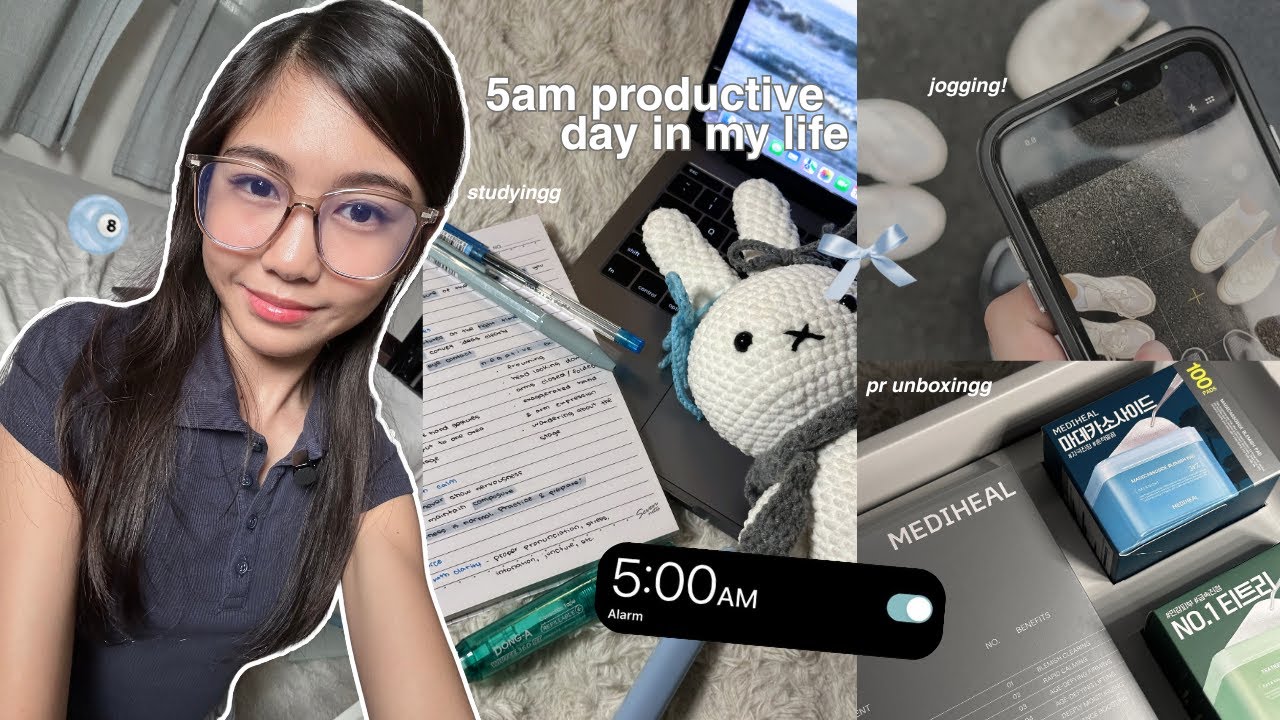 5AM productive day in my life: studying, influencer life, self-care, pr unboxing, gurwm ⋆˚࿔