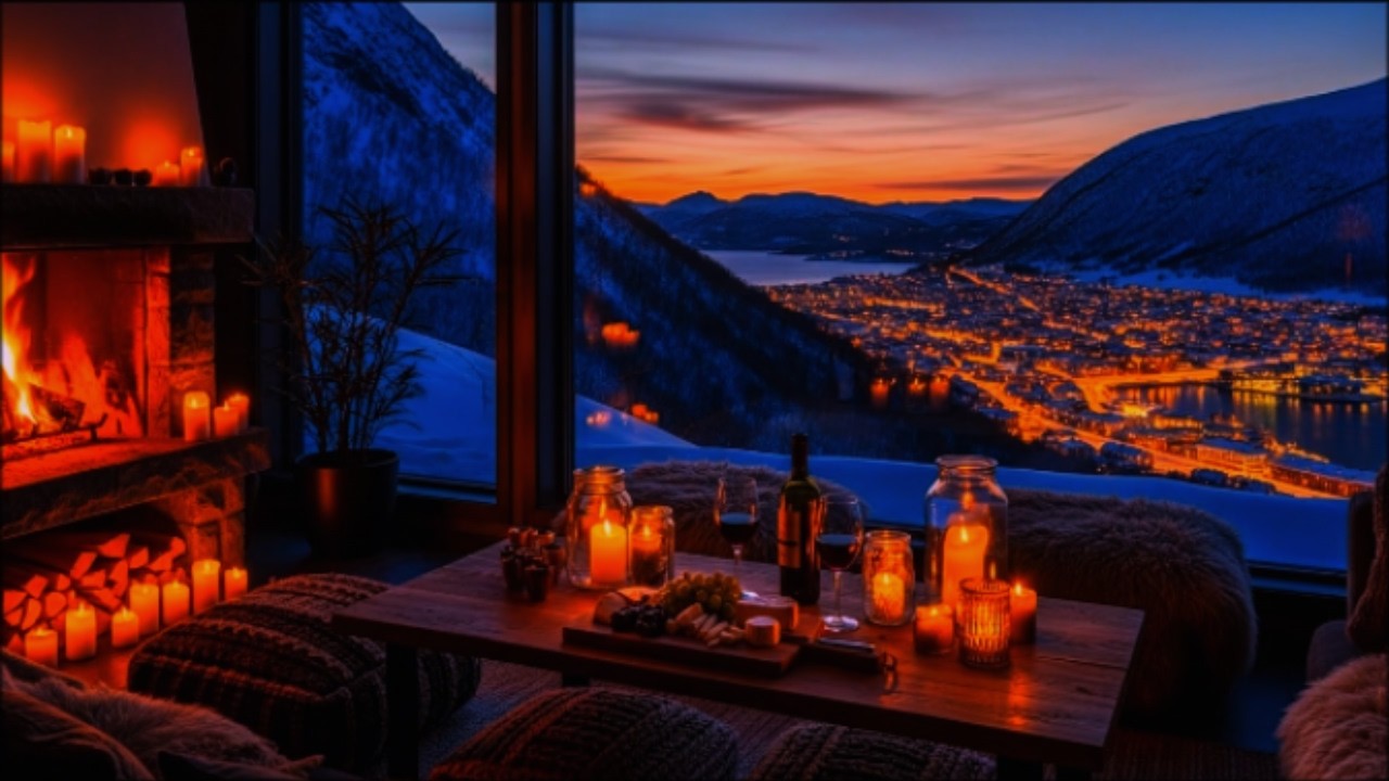 🔥 Cozy Mountain Fireplace at Sunset | Warm Cabin Ambience for Deep Relaxation