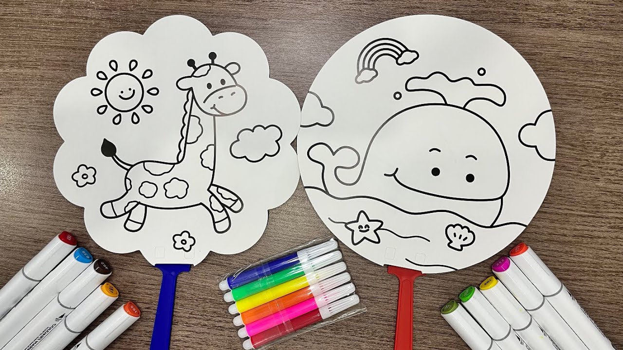 Tô Màu và Làm Quạt Giấy Con Hươu Cao Cổ & Cá Voi - DIY Animal Paper Fan - Chị Tiên Nhỏ