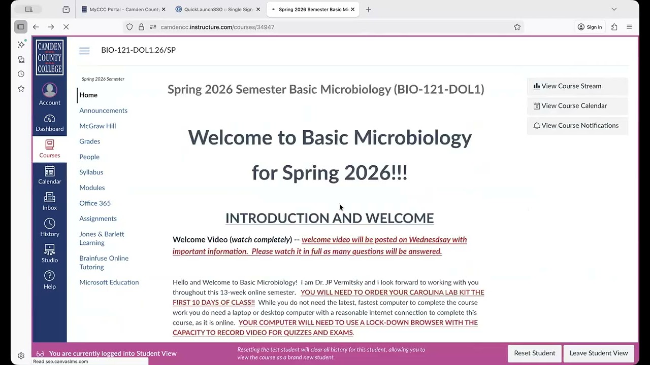 BIO-121 Welcome Video for Spring 2026