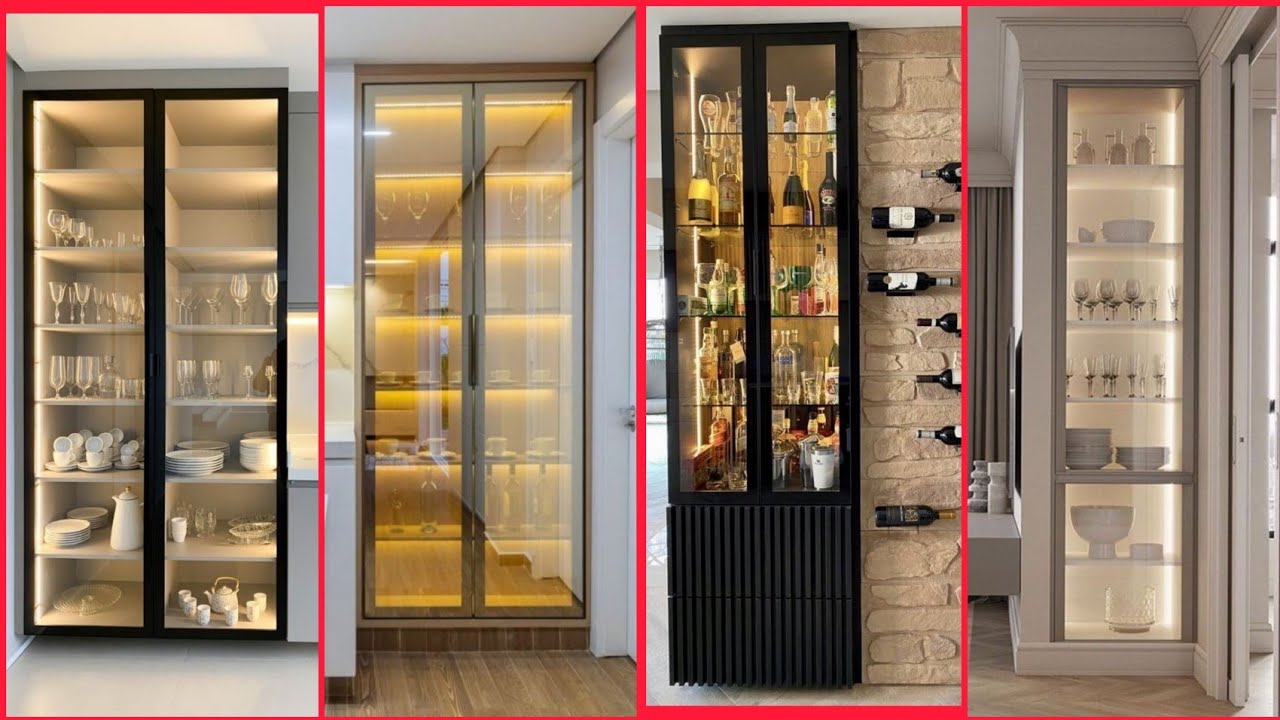 Modern long kitchen glass cupboard designs | latest long crockery cabinet for kitchen