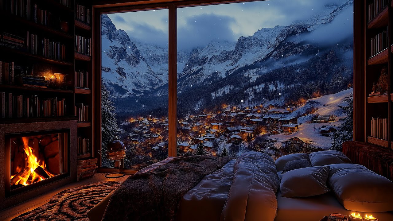 Relaxing Winter Library: Cozy Fireplace Sounds & Snowy Mountain Village for Study and Sleep