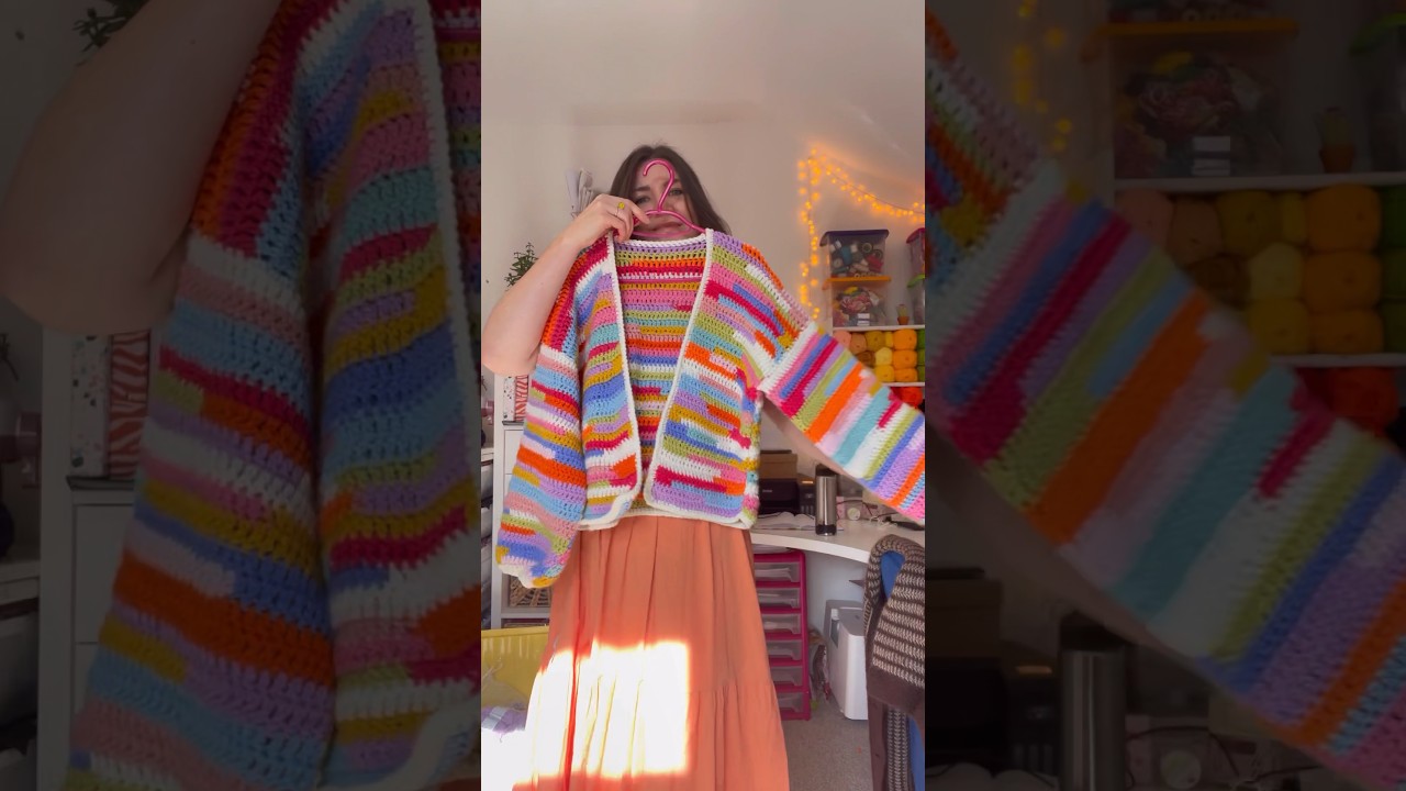Scrap yarn cardigan, using my striped bow tie cardigan pattern 🌈 #crochetfashion #crochet