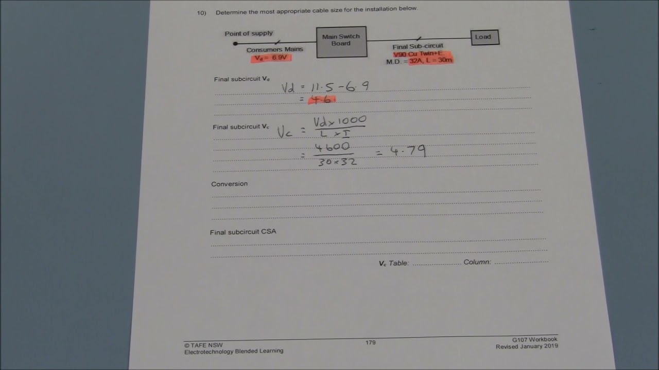 Determine single phase cable size for a circuit with a maximum permissible voltage drop