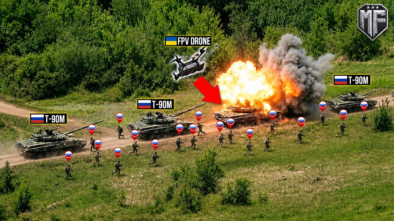 Russian T-90M Tanks Convoy Fall Into a Deadly Ukrainian FPV Drones Trap - Then THIS Happened...