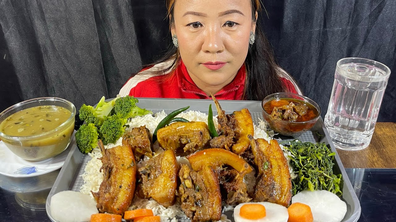 Big Braised Fatty Pork Belly With Boiled Broccoli,Saag & Rice Mukbang|Nepali Khana|Rubi Rai Mukbang