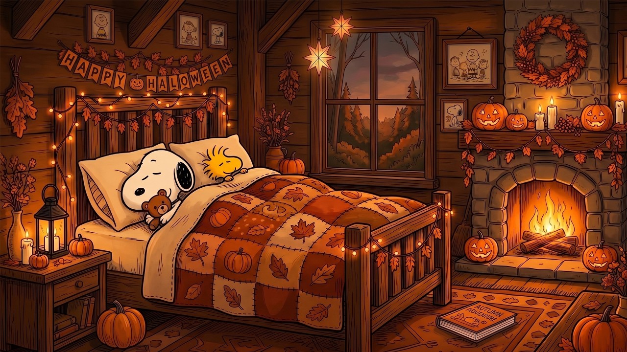 Cozy Autumn Jazz with Snoopy 🔥 Spooky Halloween Pumpkin Bedroom, Fireplace & Crackling Fire Ambience