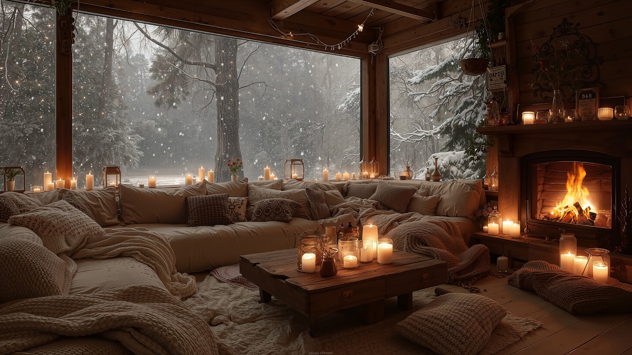 Snowy Cabin Night Ambience ❄️Gentle Piano & Fireplac for Relaxation & Deep Reste Sounds