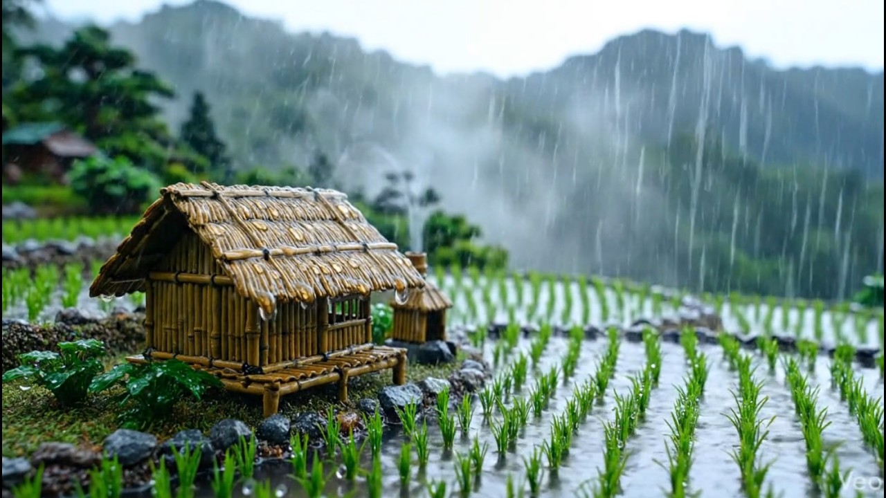 Miniature Rainy Rice Field Diorama with Bamboo Hut Ambience for Deep Sleep and Relaxing ASMR Nights