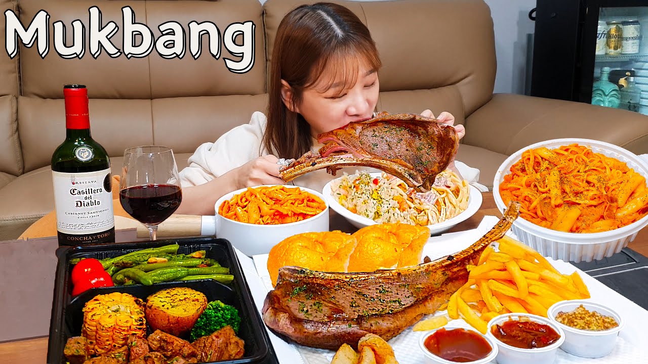 Sub)Real Mukbang-Стейк Томагавк🍖 Ттеокбокки🥘 Паста🍝 Жареный рис с креветками🍤 Вино🍷 ASMR KOREAN FOOD