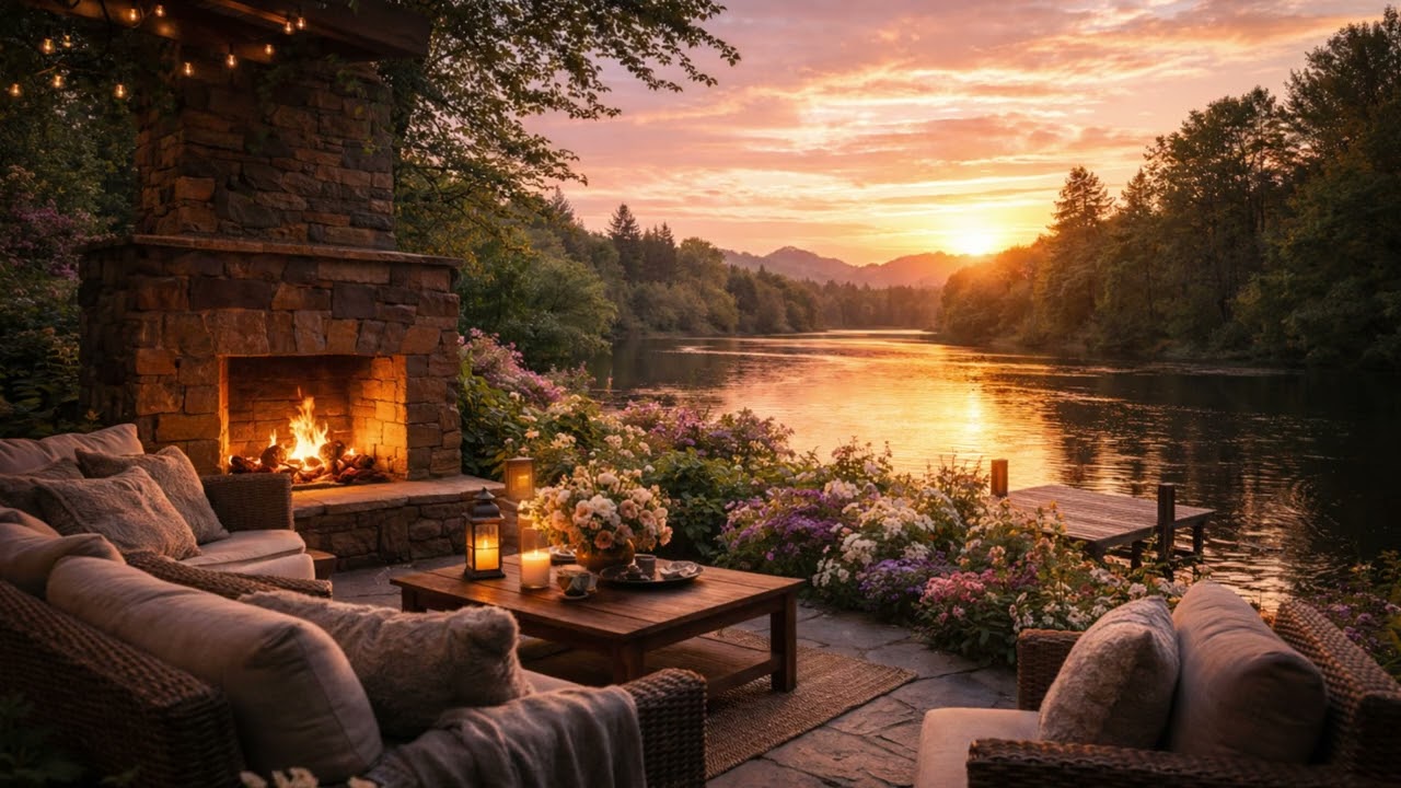 Relaxing Spring Evening by the River 🎷 Cozy Patio, Fireplace & Jazz (4 Hours)