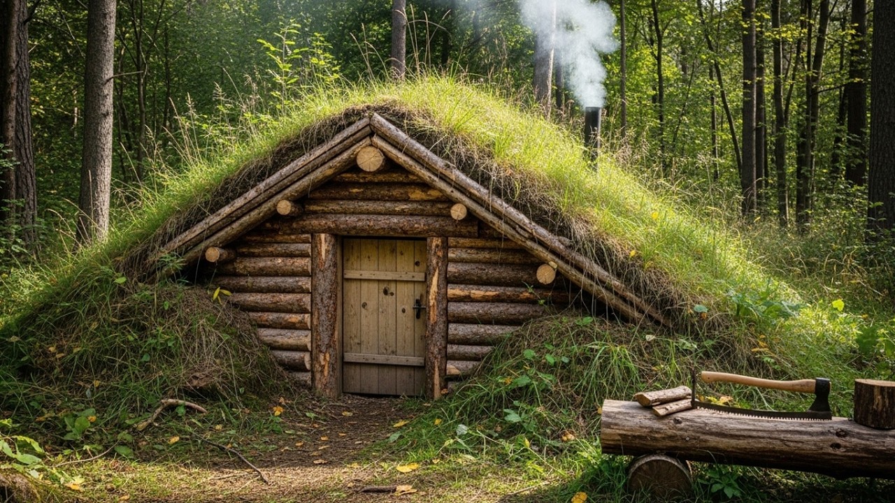 Building a Hidden Underground Log Cabin Roof – Bushcraft Survival Shelter