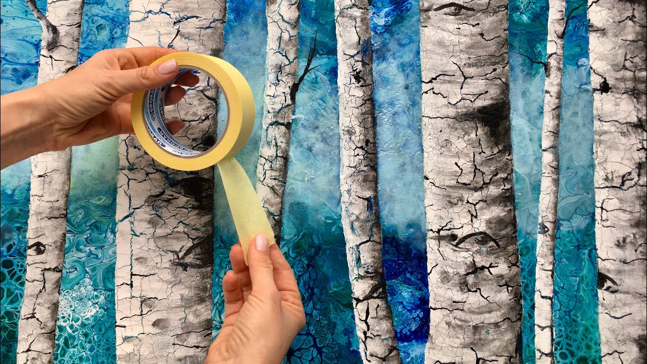CRACKED TAPE BIRCH TREES on ACRYLIC POUR painting - #painting #trees #art #acrylicpouring