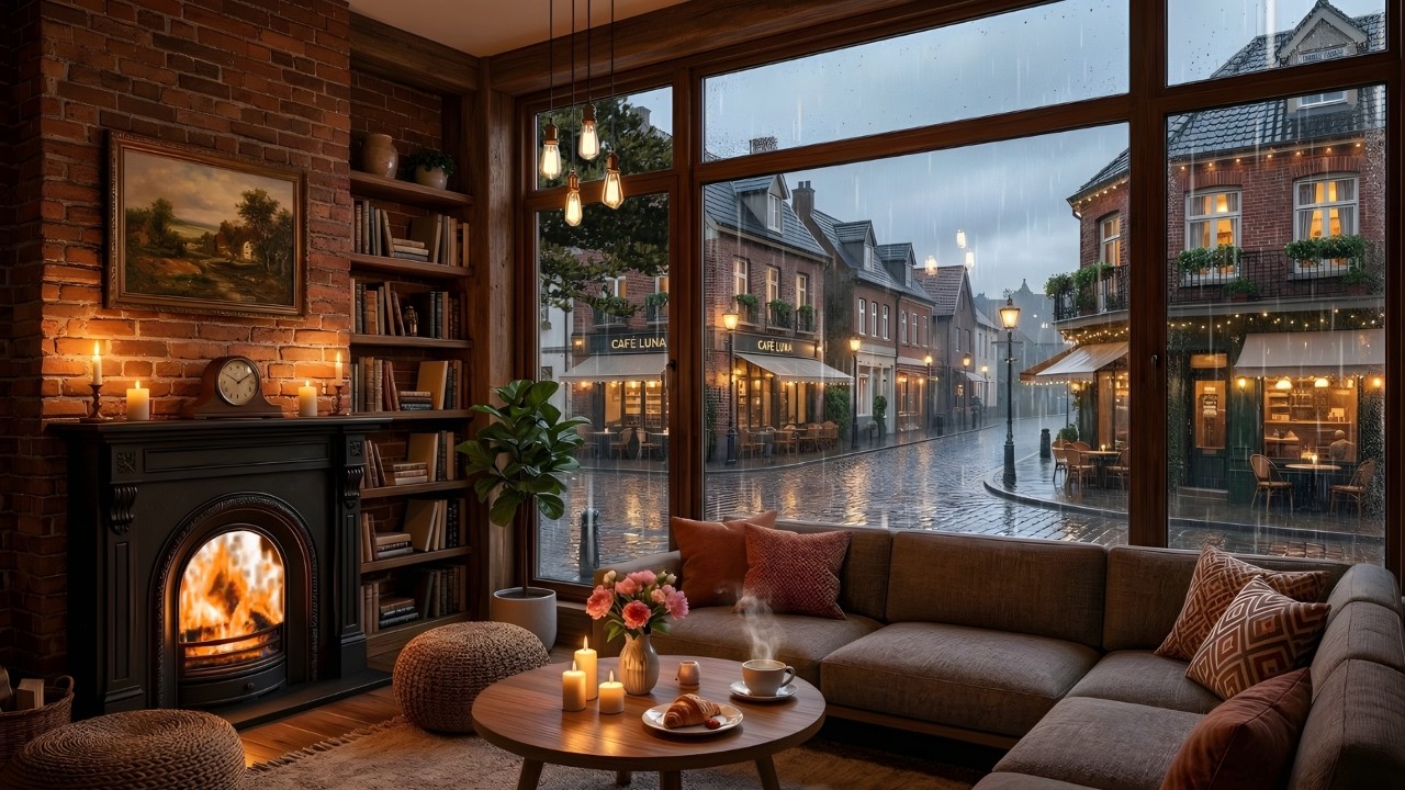 Quiet Rainy Coffee Shop Evening ☕ Gentle Jazz Music & Cozy Rain Sounds for Relaxing