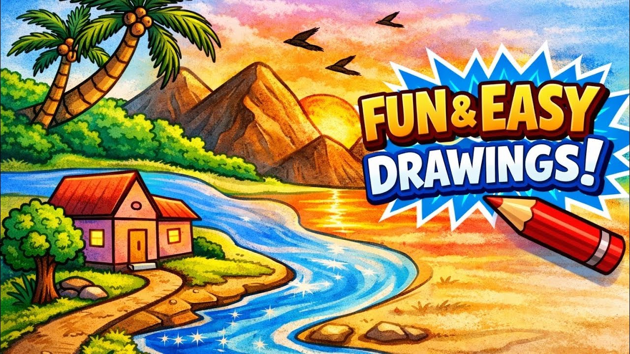 Easy Nature Scenery Drawing with Oil Pastels | House, River & Mountain Sunset 🌄