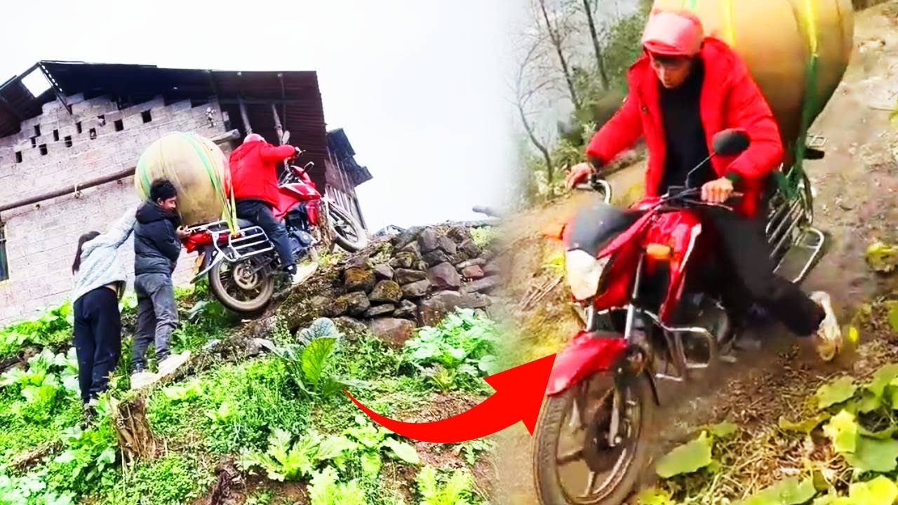 A motorcyclist with poor skills overturned while navigating a narrow and treacherous uphill road.