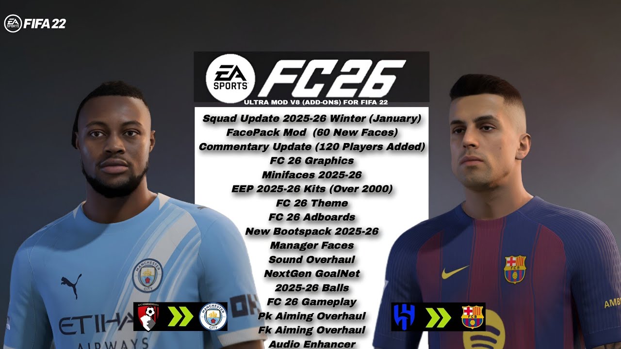 FIFA 22 | Ultra Mod V8[All In One FC 26] Squad Update,Boots,Faces,Commentary Update & FC 26 Graphics