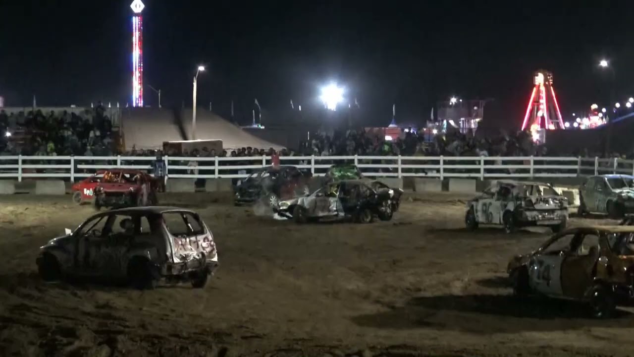 Windshield mini smash Brampton demolition derby 2023 bone stock cars in a big track!