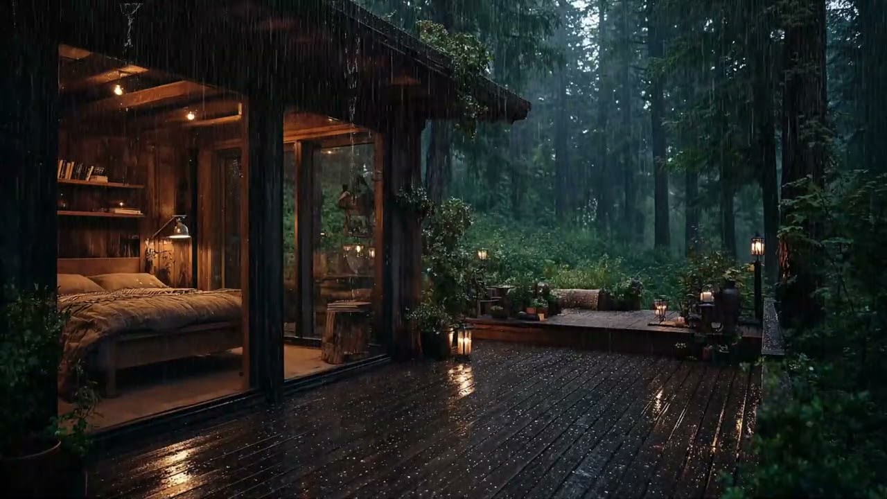 Rain Sounds in a Cozy Pine Forest Cabin 🌧️ Warm Lamp Glow & Books for Sleep and Relaxation