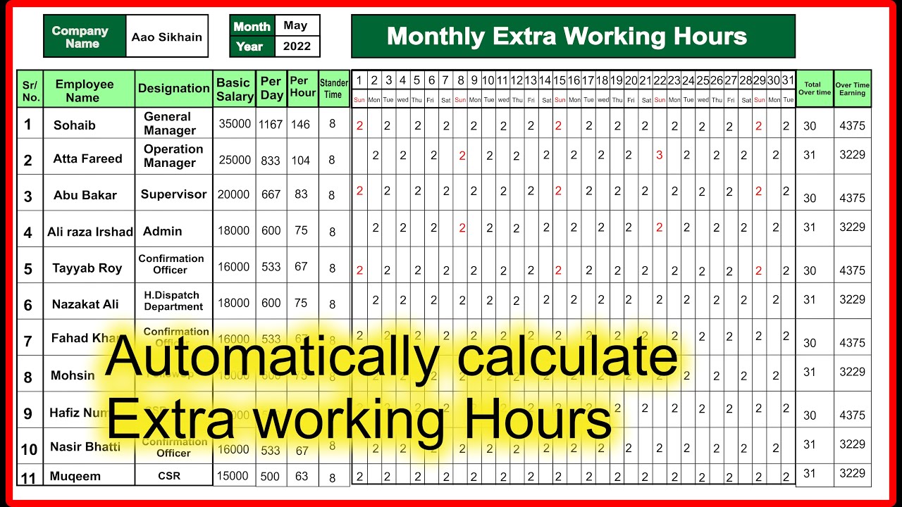 How to Calculate extra working hours in Ms Excel? #sohailsaeed #aaosikhain #msofficeexcel