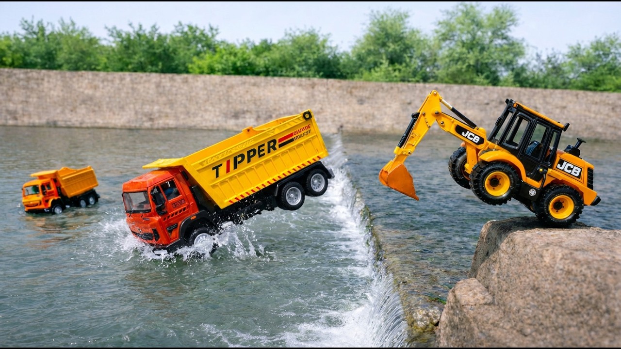 Big River Jump Rescue! Tractor, Tipper Truck, JCB & Ambulance | Zylo Toys