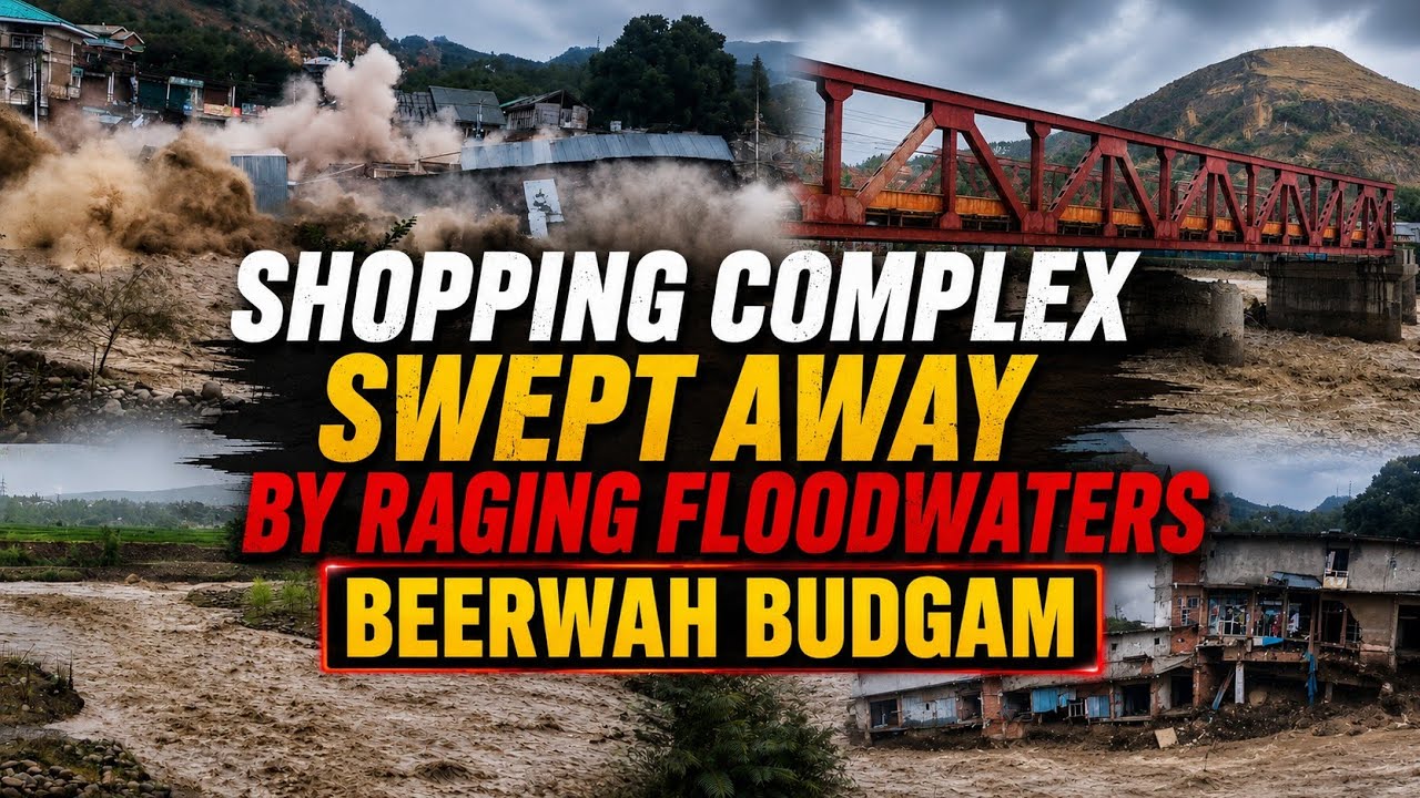 Shopping complex swept away by raging floodwaters at Beerwah Budgam