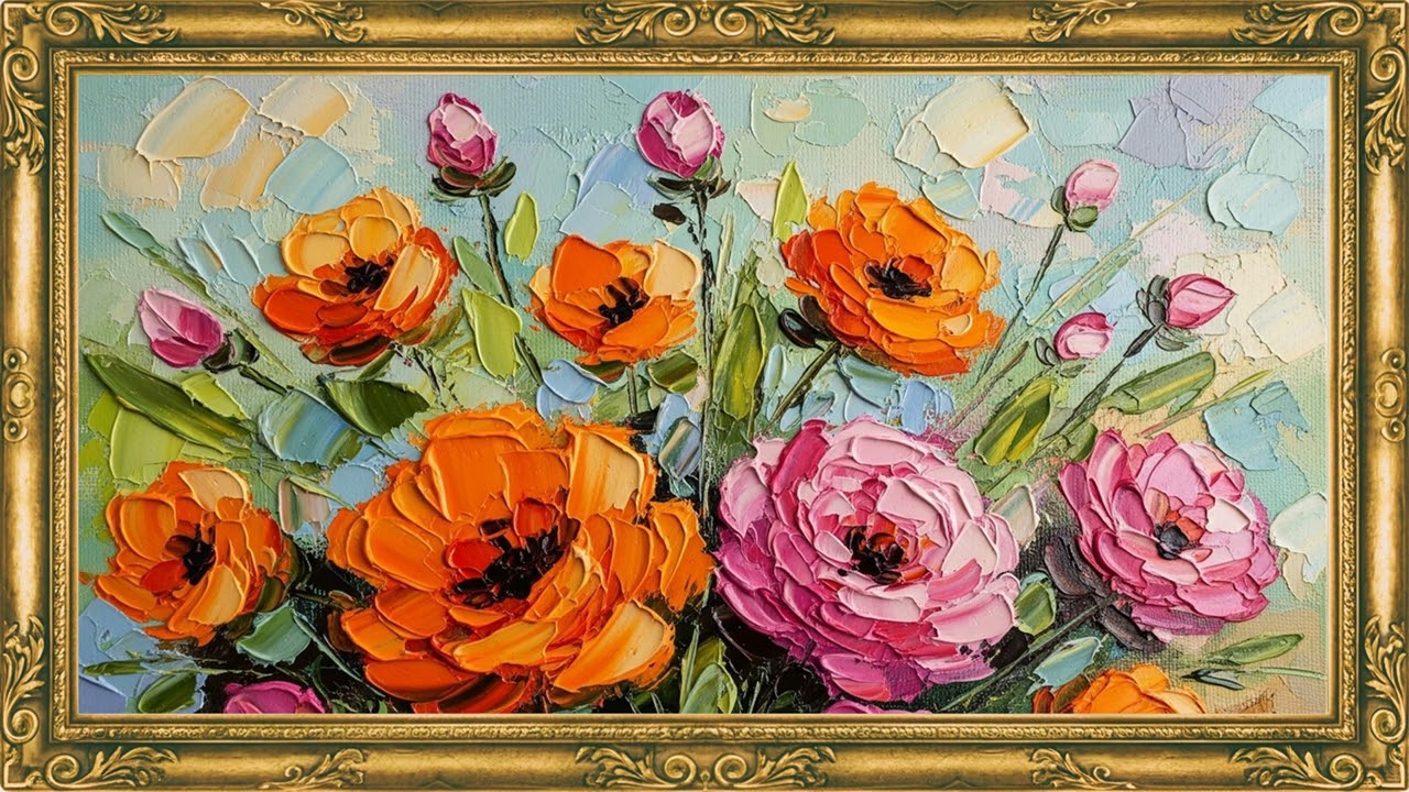 Impasto Texture Floral Canvas in 4K | Vibrant Palette Knife Wall Decor