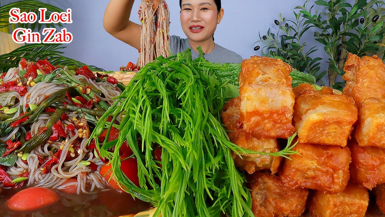 กินตำซั่วขนมจีนเผ็ดๆ‼️หมูสามชั้นทอดน้ำปลา  ชะอม มะระขี้นกแซ่บๆจ้า
