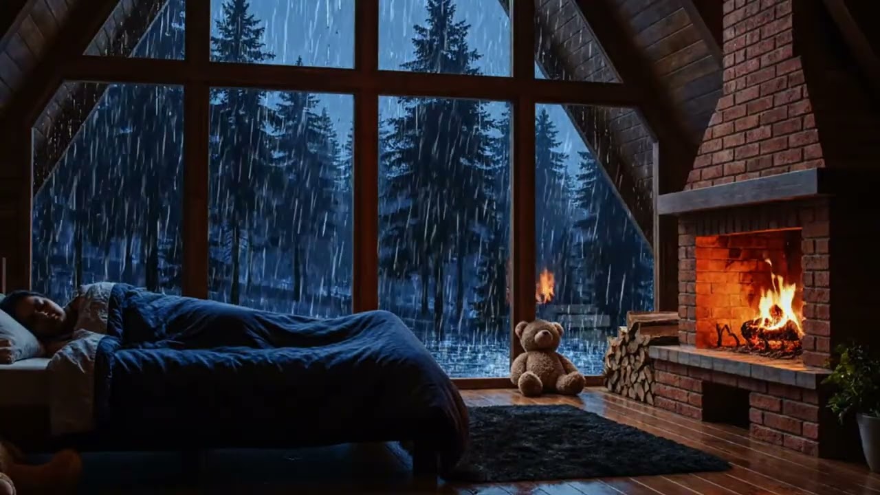 No Ads 🌧️ Peaceful Rainy Night in a Wooden Cabin — Fireplace Ambience for Sleep & Stress Relief 🔥