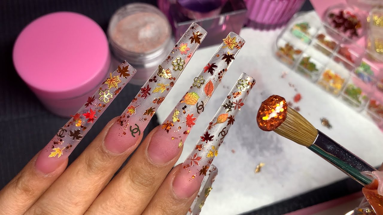 WATCH ME WORK: AUTUMN BREEZE ENCAPSULATED NAILS🍂🍁/ 3XL ACRYLIC  COFFIN NAILS