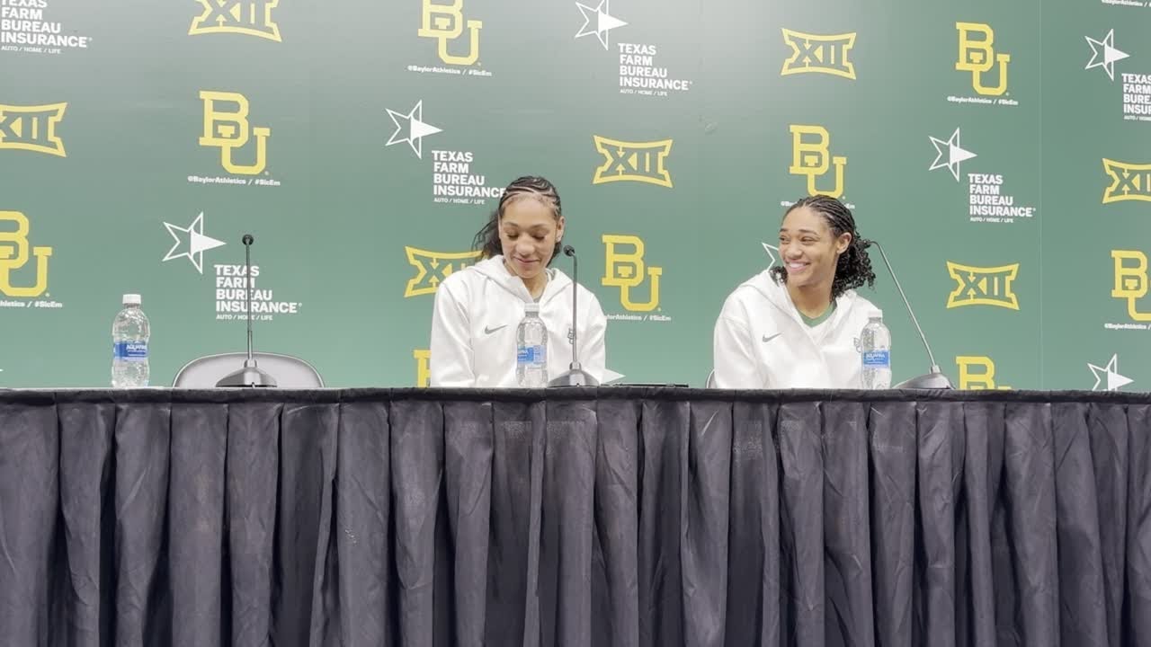 Darianna Littlepage-Buggs, Marcayla Johnson and coach Nicki Collen after Baylor's win over Arizona