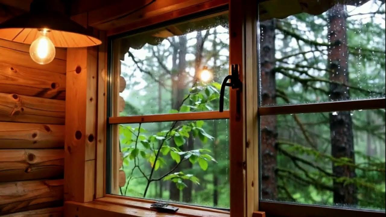 Rainy Night Cozy Cabin with Campfire – Relaxing Acoustic Guitar for Deep Sleep, Study, Relaxation