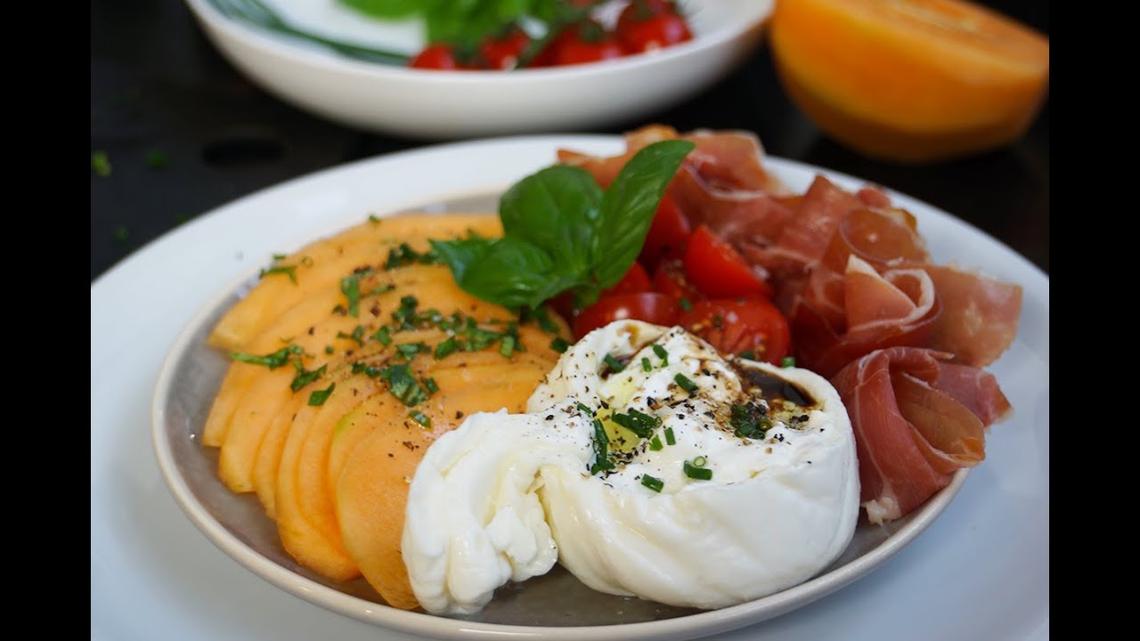 Cuisine : assiette estivale melon, burrata, jambon bellota