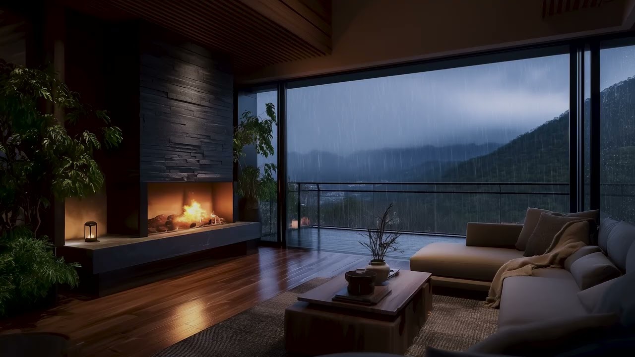 Heavy Rain Outside, Warm Fire Inside | Modern Cabin Sleep Ambience