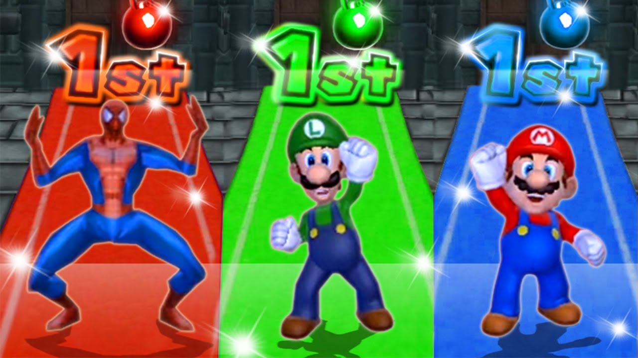 Mario Party 9 MiniGames - Mario Vs Luigi Vs SpongeBob Vs Spider Man (Master Cpu)