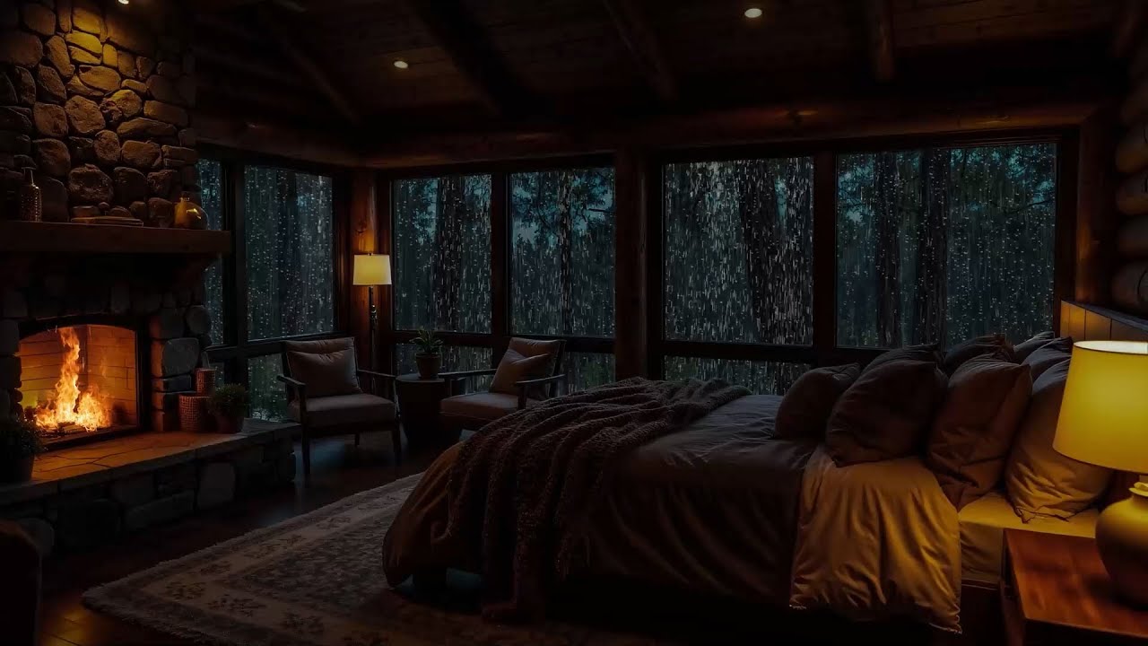 Heavy Rain & Crackling Fireplace – Relax in a Forest Bedroom | Deep Sleep and Relief Stress