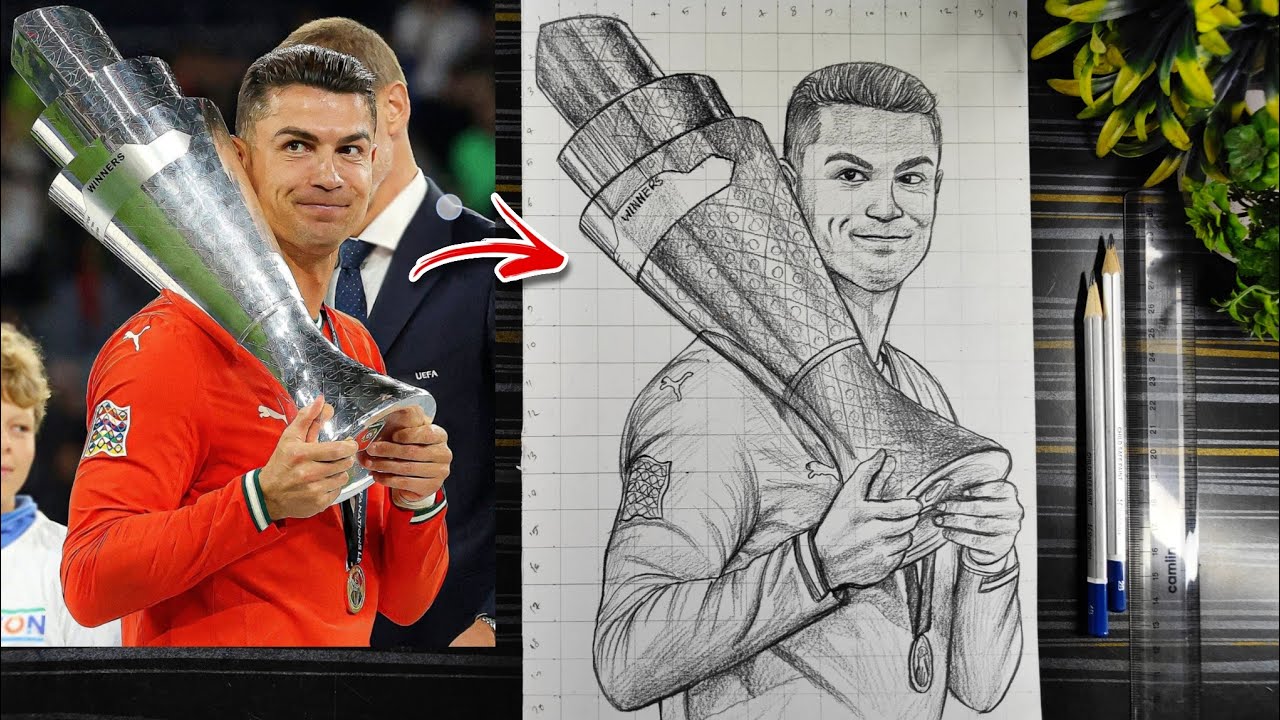 Cristiano Ronaldo Drawing With UEFA League Champion Trophy🏆, How To Draw CR7, Portugal VS Spain