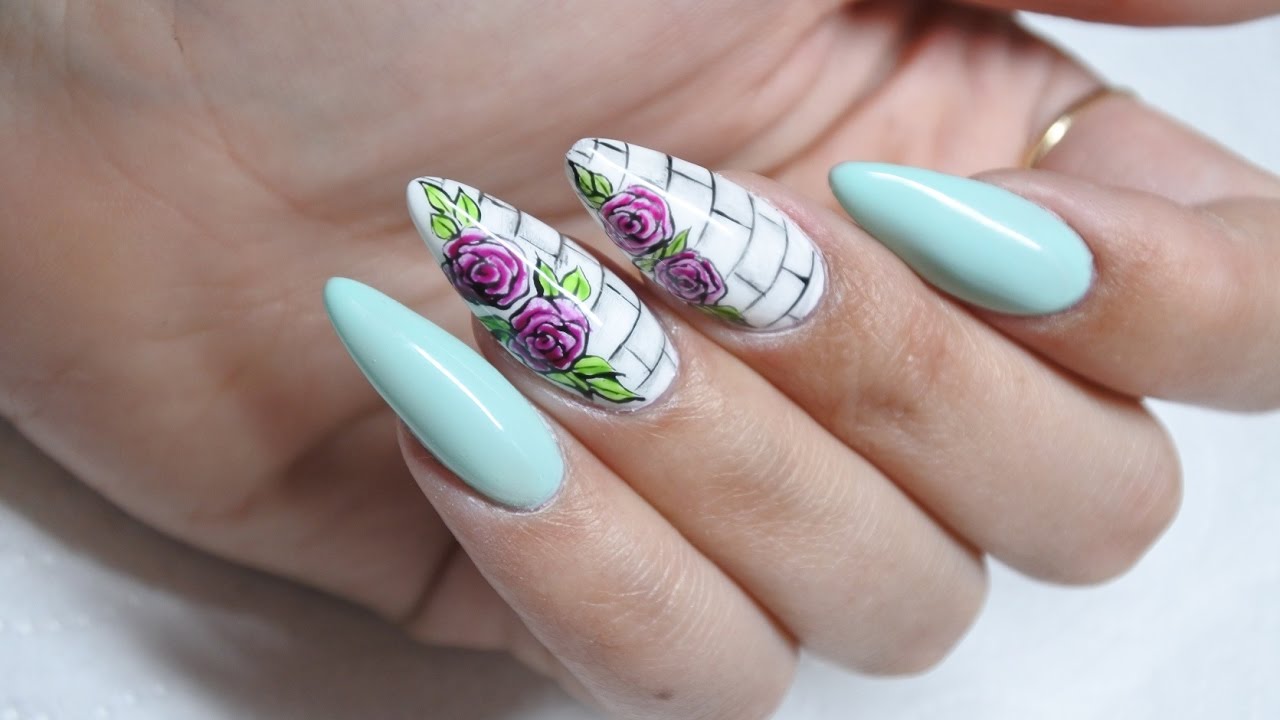 Roses on the wall :: QUICK roses nail art :: Mint nails