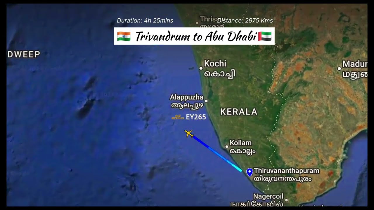Flight path from TRIVANDRUM to ABU DABHI - Etihad Airways EY265